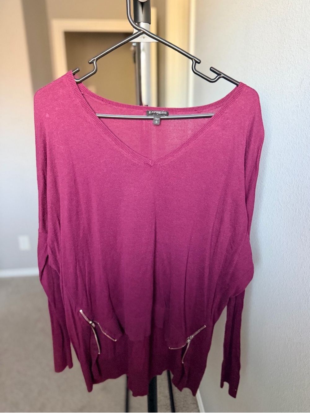 Express V-Neck Sweater with Front Zippers - Magenta
